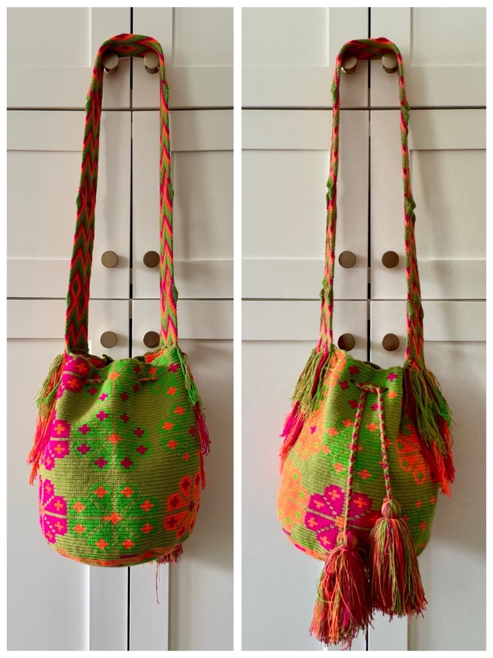 Colombian Wayuu Mochila Crossbody Bag | Green & Neon Pink Knit (Handwoven Boho) - Picture 8 of 17